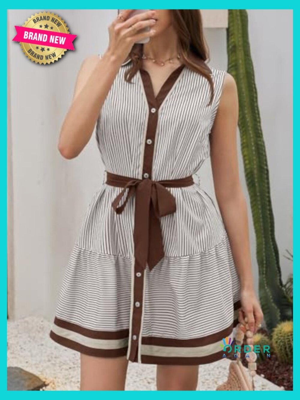 Striped Button Down Shirt Dress Sleeveless Tie Waist Mini with Pockets - Picture 3 of 6